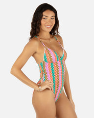 Printed Stripe Crochet Scrunch Soft Cup Moderate One Piece - Orchid
