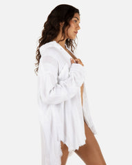 Solid Stripe Gauze Long Sleeve Button Front Shirt - White