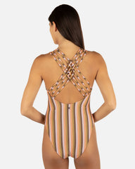 Sunset Shine Stripe Moderate Crossback One Piece - Sunrise Pink