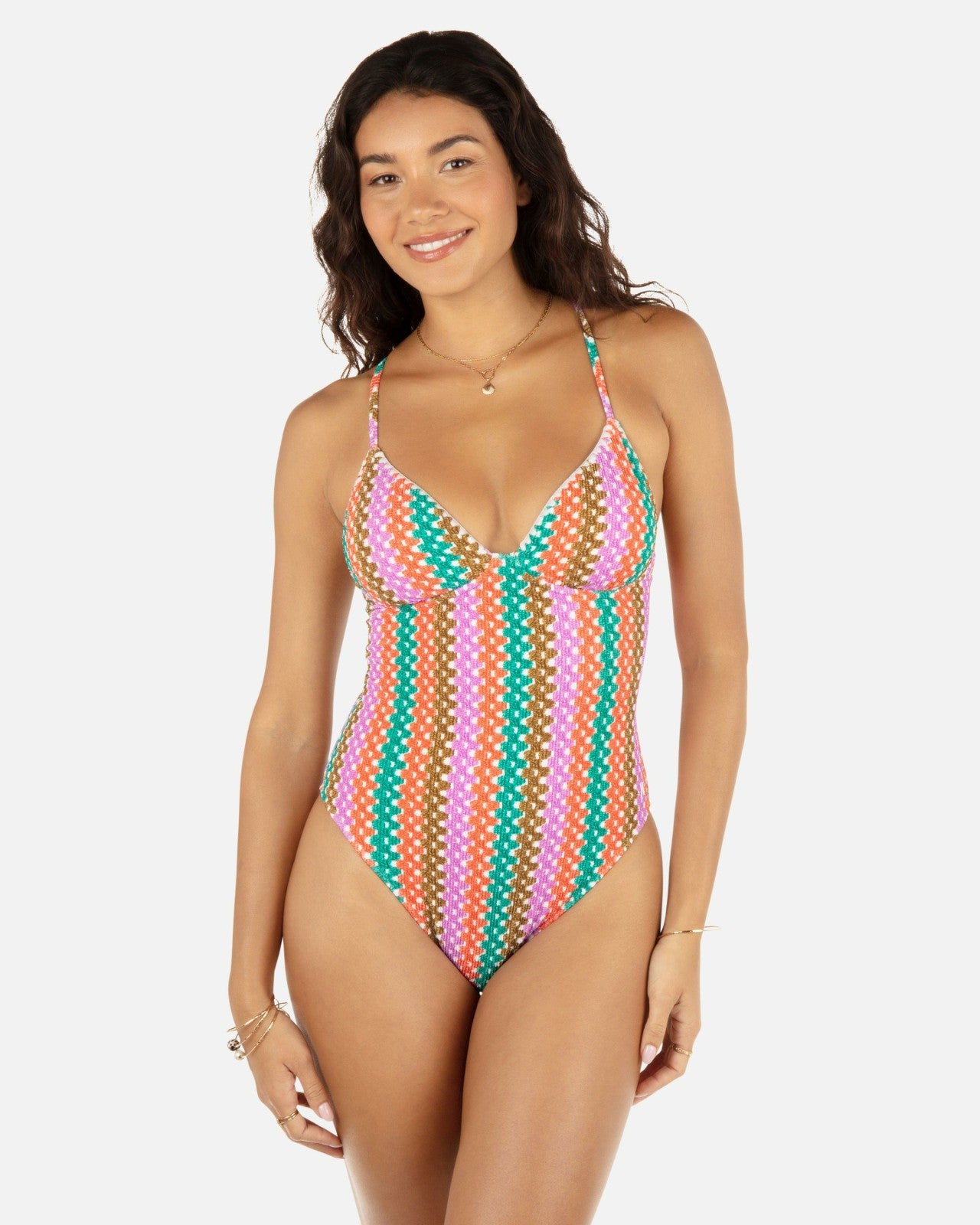 Printed Stripe Crochet Scrunch Soft Cup Moderate One Piece - Orchid