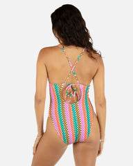 Printed Stripe Crochet Scrunch Soft Cup Moderate One Piece - Orchid