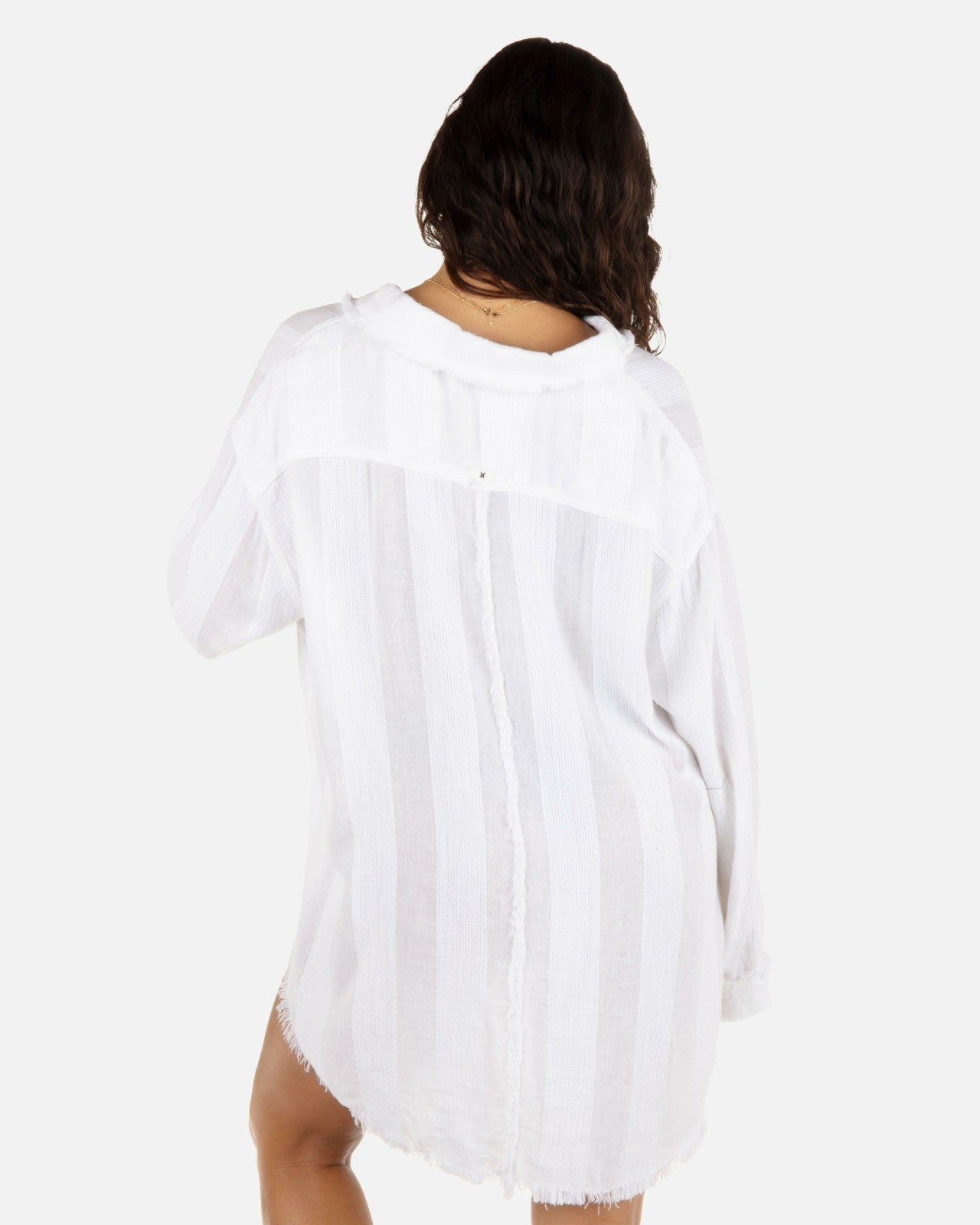 Solid Stripe Gauze Long Sleeve Button Front Shirt - White