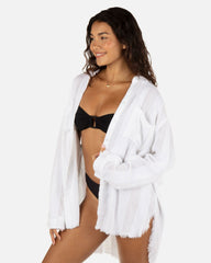 Solid Stripe Gauze Long Sleeve Button Front Shirt - White