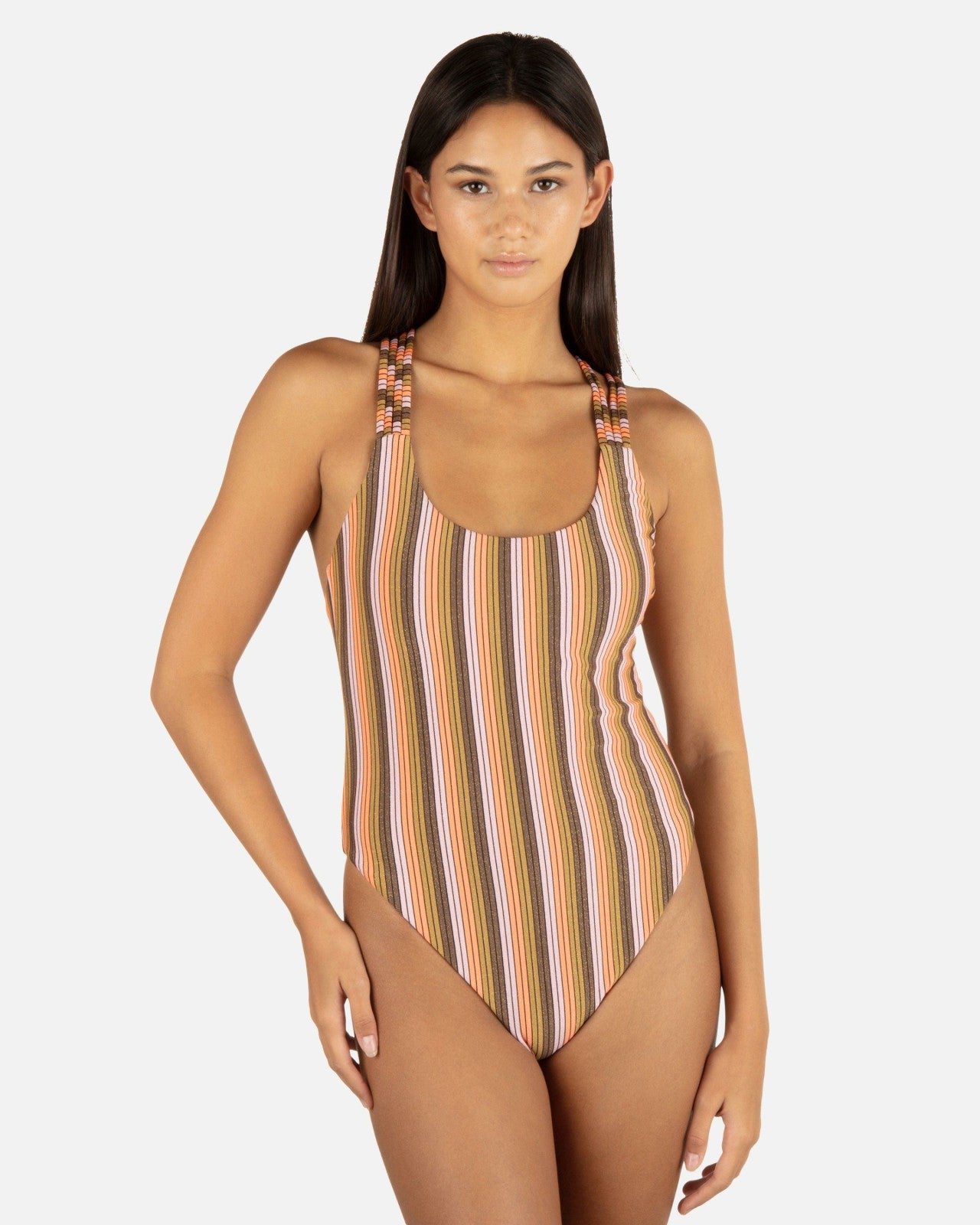 Sunset Shine Stripe Moderate Crossback One Piece - Sunrise Pink
