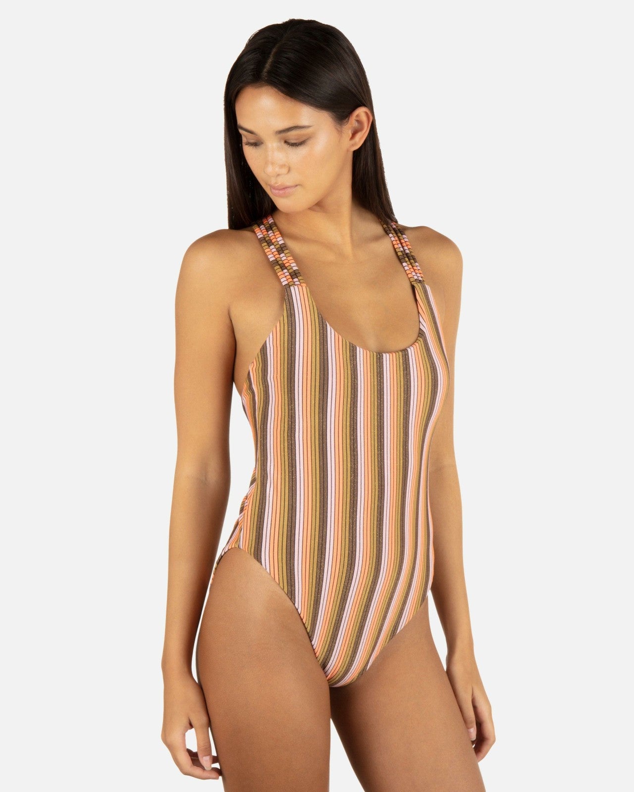 Sunset Shine Stripe Moderate Crossback One Piece - Sunrise Pink