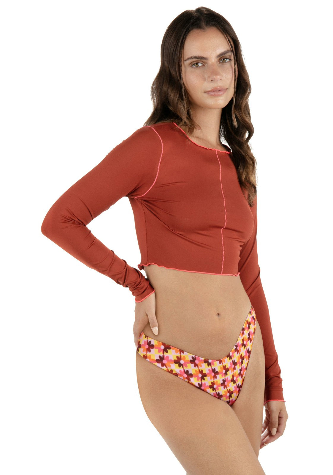 Solid Crop Long Sleeve Rashguard - Copper